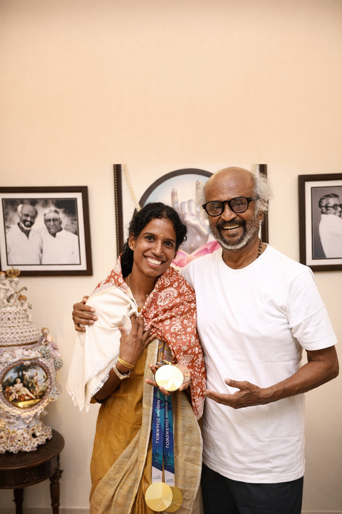 Rajinikanth meets Asian Games Medal winner Vithya Ramaraj at Chennai residence