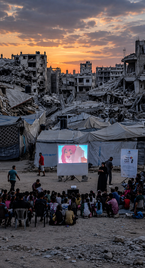 Palestinian children watch The Lion King amid Gaza's rubble in viral photo