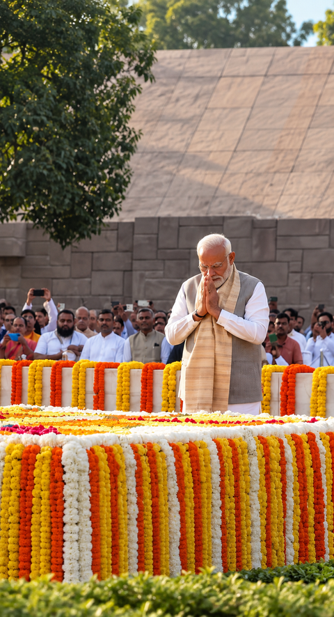 PM Modi pays tribute to Mahatma Gandhi at Raj Ghat on birth anniversary