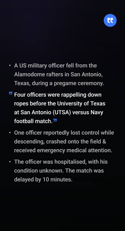 US military officer falls from stadium roof during football ceremony, rushed to hospital